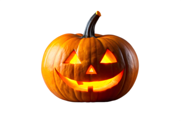 A single carved halloween pumpkin with a glowing face, isolated on a transparent background