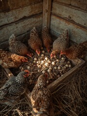 A group of speckled hens gathered around a nest filled with white eggs in a wooden coop structure