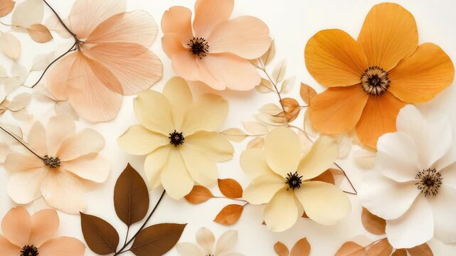 Pressed autumn flowers in golden yellow tones against white background. Perfect for botanical art and seasonal design projects.