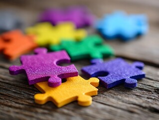 Autism Awareness Puzzle Pieces on Wooden Background