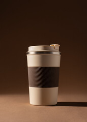 Reusable Coffee Thermo Cup Mockup on Beige Background â€“ Minimal Eco-Friendly Product Branding Template