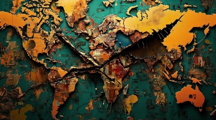 World map with cracks and vintage imagery
