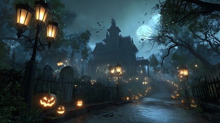 Spooky misty graveyard path with lanterns and jack o lanterns image
