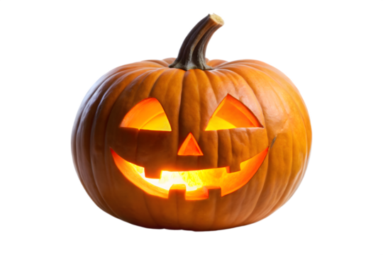 A classic carved halloween pumpkin with a friendly glowing face, isolated on a transparent background