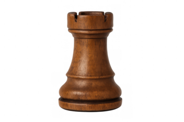 Wooden chess rook piece positioned vertically on clear surface, symbolizing strategic gameplay and defensive strength