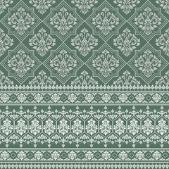 ethnic aztec embroidery textile pattern Victorian Damask on green background vector illustration design.