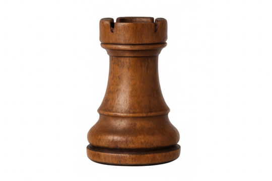 Wooden chess rook piece positioned vertically on clear surface, symbolizing strategic gameplay and defensive strength