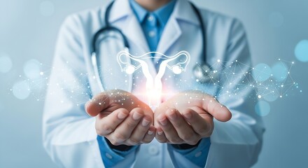 Gynecologist Doctor Holding Uterus Hologram, Women's Health and Reproductive System, Medical Technology, Healthcare Innovation