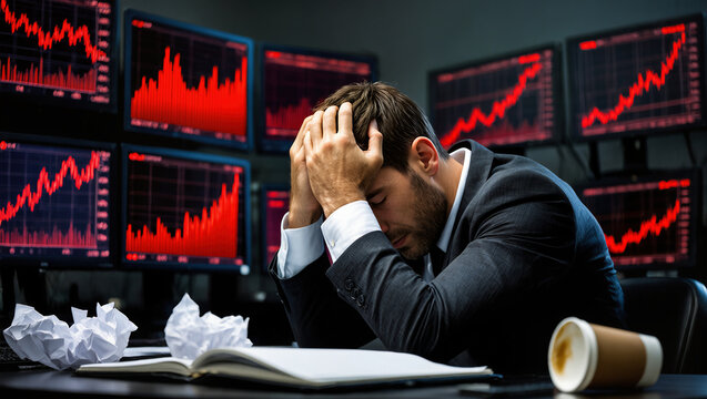A stressed trader holds his head in his hands, surrounded by monitors showing downward stock trends, in a hectic office environment.