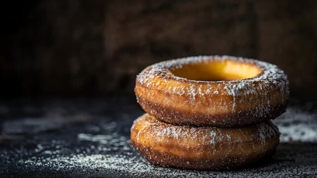 Traditional donuts stacked with powdered sugar dusting. Perfect for bakery websites and breakfast menu photography.