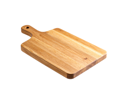 Cutting board falling on a grey stone table. Isolated on a white background. Culinary background. Empty wooden cutting board, product display space.