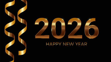 Banner with 3d realistic confetti from party poppers, flying gold ribbon, serpentine streamers on black background, fireworks for new year celebration with empty space. Golden 2026 Vector EPS10