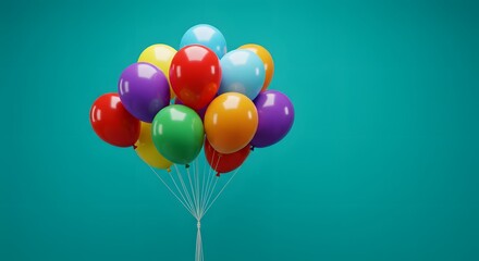 A vibrant assortment of colorful balloons is clustered together and floating against a solid teal backdrop