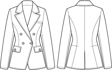 Double breasted blazer, tailored women's coat, fashion flat sketch, front and back view, technical drawing, stylish jacket vector design