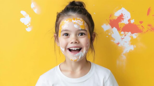 Happy child with paint splashes on yellow background. Perfect for art education and creative children's program promotion.