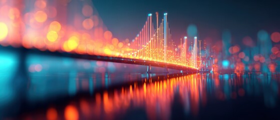 A vibrant, illuminated suspension bridge at night with colorful bokeh lights reflecting on calm water below.