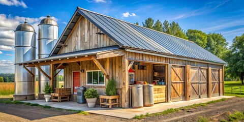Obraz premium Rustic Wooden Barn with Metal Silos and Covered Porch Area, Ideal for Agricultural or Rural Settings