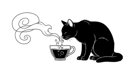 A black cat sipping from a cup with steam rising, creating a cozy scene 