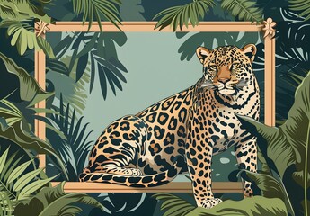 leopard in tree, Leopard Sitting in Jungle Foliage Frame – Tropical Wildlife Design