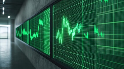 A modern digital display showing fluctuating green stock market or financial data charts on multiple screens in a dimly lit corridor.