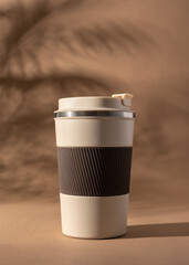 Reusable Coffee Thermo Cup Mockup on Beige Background â€“ Minimal Eco-Friendly Product Branding Template