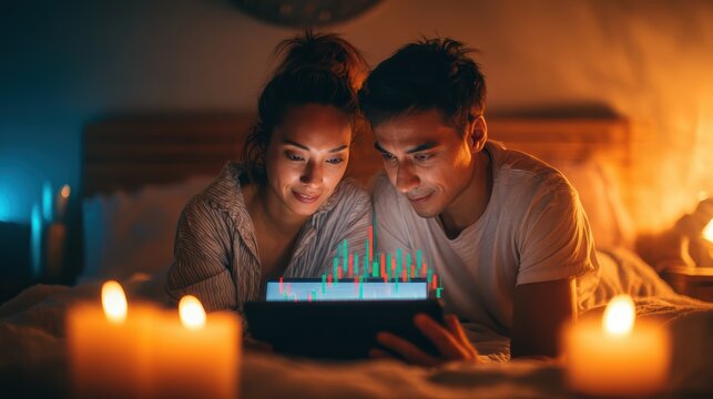 A couple watches financial charts on a tablet, surrounded by candles creating a cozy and intimate atmosphere.