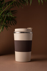 Reusable Coffee Thermo Cup Mockup on Beige Background â€“ Minimal Eco-Friendly Product Branding Template