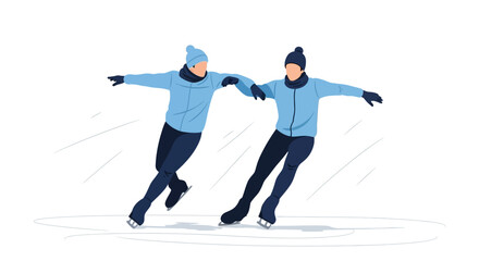 Obraz premium Two figures in blue jackets ice skating together, holding hands and gliding across the ice.