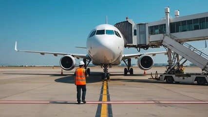 Airport Ground Crew Member Walking Towards Commercial Airliner on Sunny Day with Boarding Bridge and Clear Blue Sky