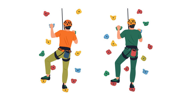 Two climbers ascending an indoor climbing wall with colorful holds, wearing harnesses and helmets. - Powered by Adobe