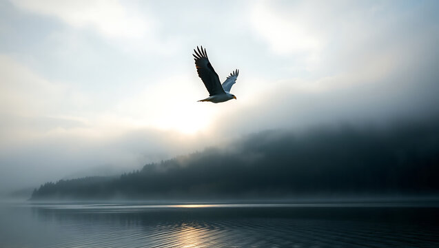 A majestic eagle soars above a misty lake landscape with forest in the background on a cloudy day