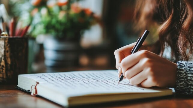 Woman writing in a journal - Powered by Adobe
