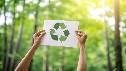 Hands holding a white paper with a green recycling symbol in a lush forest