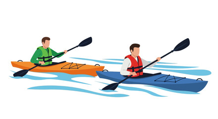 Two people kayaking on water, paddling with oars, wearing life vests.