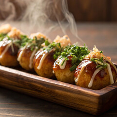 close up photo of freshly made takoyaki	