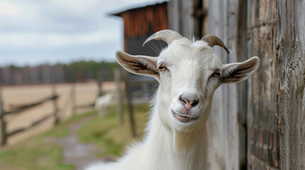 Obraz premium A charming close-up of a white goat standing near a wooden barn, displaying its curious and friendly personality.