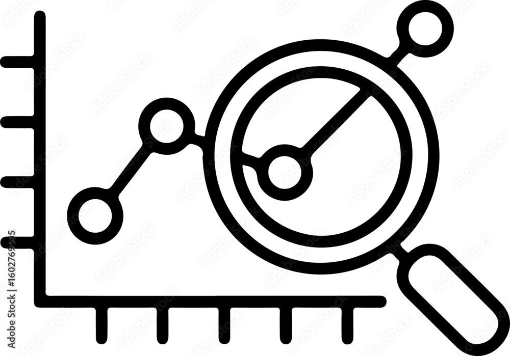 Poster magnifying glass examining upward trending line graph with data points and grid lines