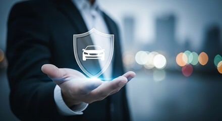 Car Insurance Protection Concept: Businessman Holding Shield with Car Icon, Security, Safety, Assurance, Future