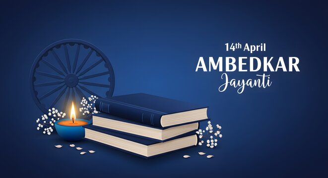 Honoring ambedkar jayanti with a symbolic arrangement of books a lit candle and the ashoka chakra against a deep blue backdrop