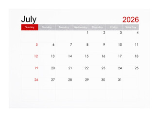 July 2026 monthly calendar page isolated on white background, Saved clipping path.