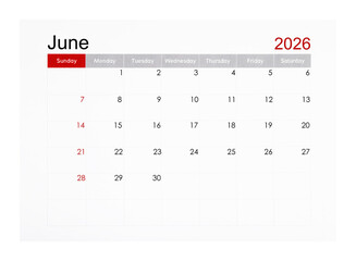 June 2026 monthly calendar page isolated on white background, Saved clipping path.
