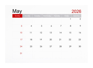May 2026 monthly calendar page isolated on white background, Saved clipping path.