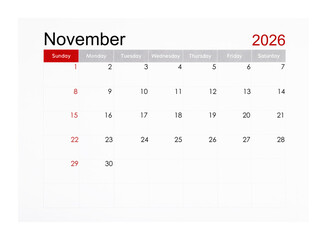 November 2026 monthly calendar page isolated on white background, Saved clipping path.
