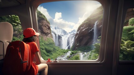 Fototapeta premium A child gazes out a train window at a breathtaking landscape with waterfalls, mountains,