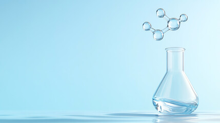 A clear laboratory flask sits on a surface with floating bubbles, representing scientific exploration and discovery.
