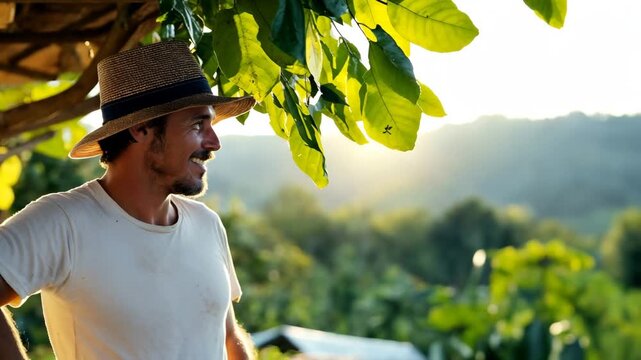 Mature farmer enjoying peaceful moment in rural countryside setting. Ideal for agriculture, sustainability and rural lifestyle content creation.
