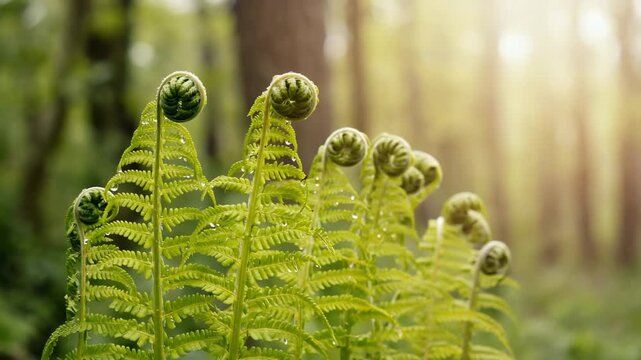 Close-Up of Fiddleheads Unfurling in a Vibrant, Sunlit Forest