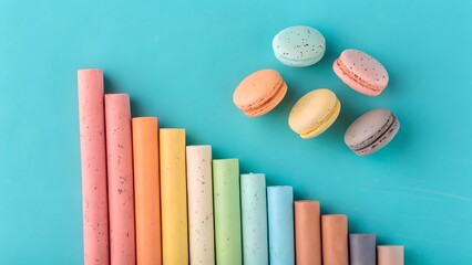 Colorful candy sticks arranged in a diagonal line with macarons