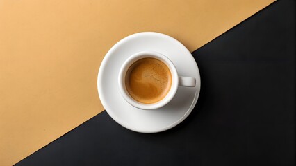 Overhead view of a white cup of espresso on a saucer against a split black and tan background