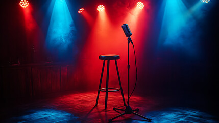 Classic comedy stage arrangement with vintage microphone, stool, and focused stage beams, evoking live performance ambiance in high-contrast lighting